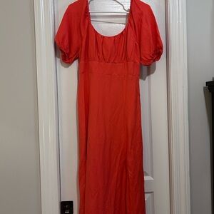 LOFT Red Puff Sleeve Midi Sundress